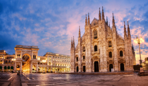 Milan Cathedral, Duomo di Milano, Italy, one of the largest churches in the world on sunrise