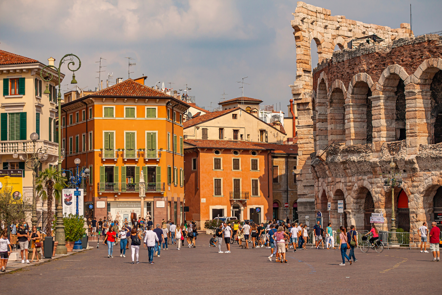 VERONA, ITALY 10 SEPTEMBER 2020: Piazza Bra in Verona in Italy at sunset