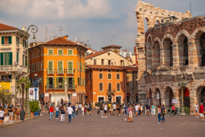 VERONA, ITALY 10 SEPTEMBER 2020: Piazza Bra in Verona in Italy at sunset
