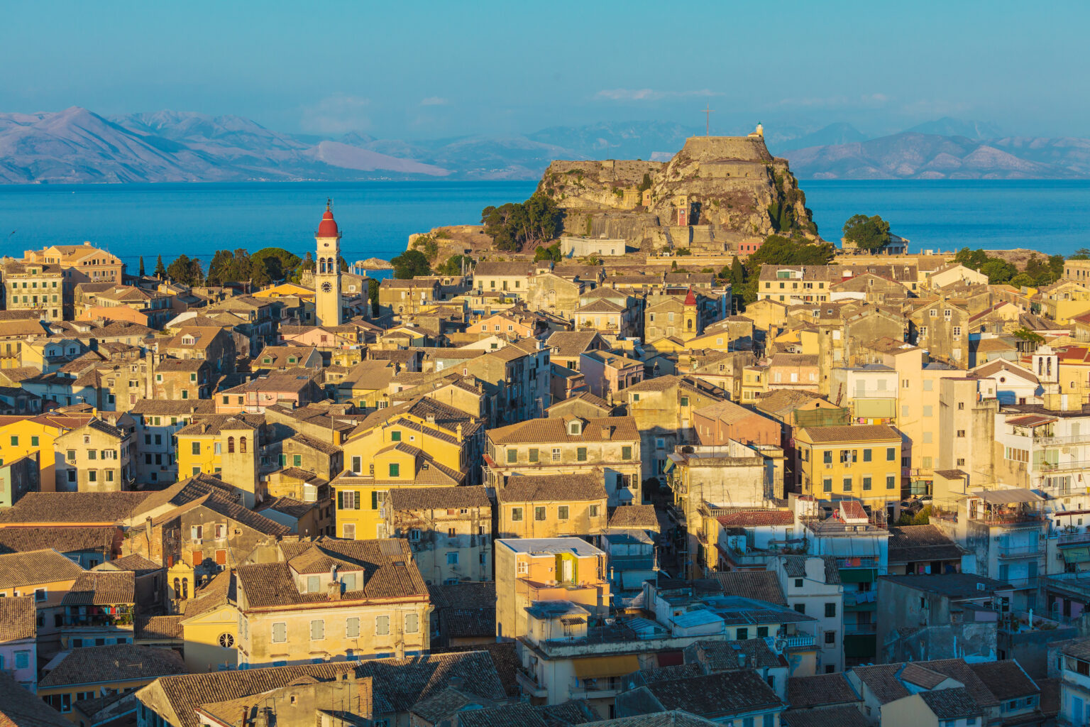 Aerial view of Corfu, Greece, with the Old Fortress in the distance