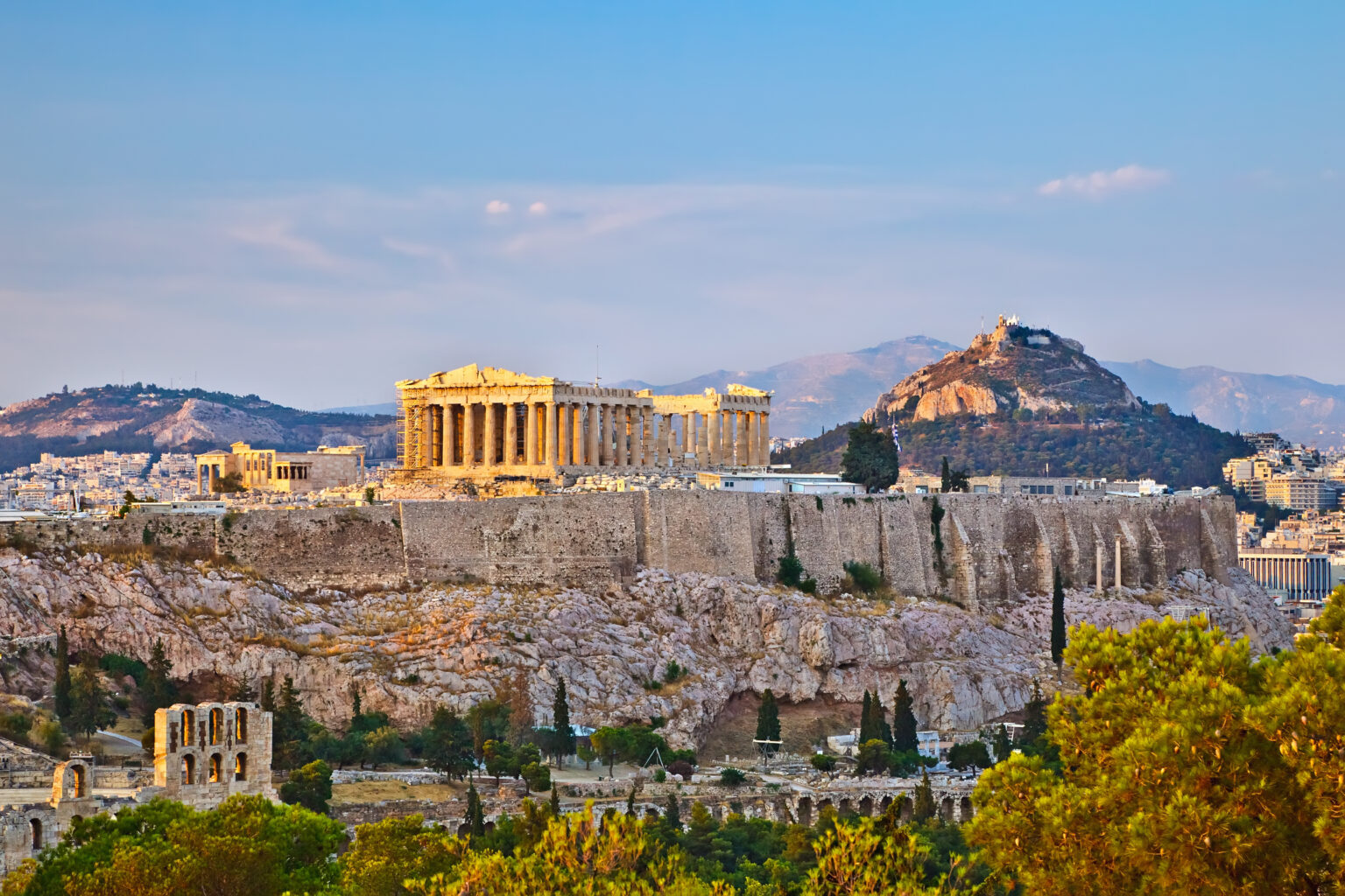 The Acropolis at sunset in Athens, Greece