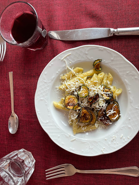 Pasta alla Norma – fried eggplant with penne and cheese – a staple of Sicilian cuisine, and a dish served at one of our group lunches at the farm 